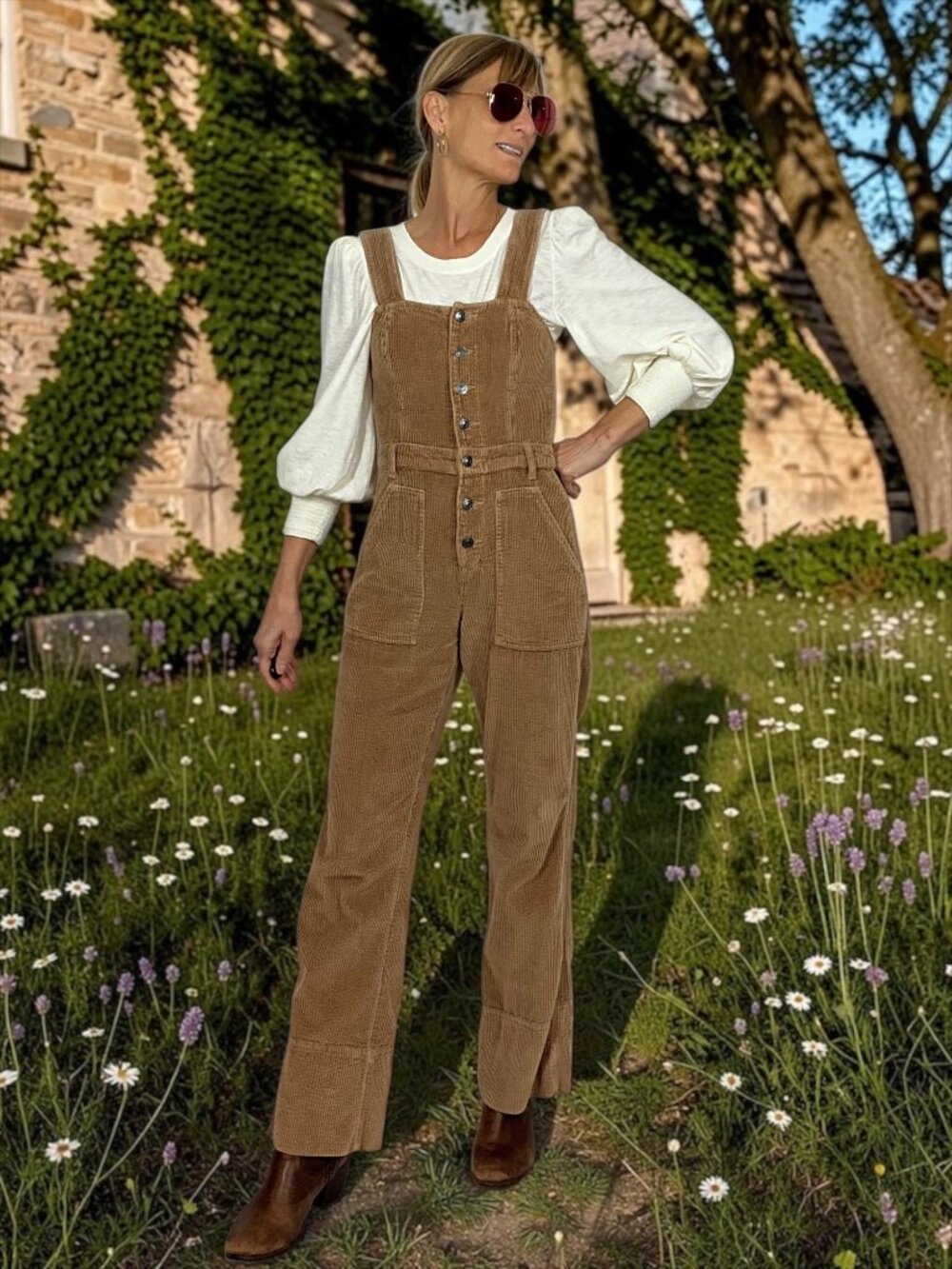 American Eagle Aerie Corduroy Kick Flare Overalls XS Cappuccino Cottagecore